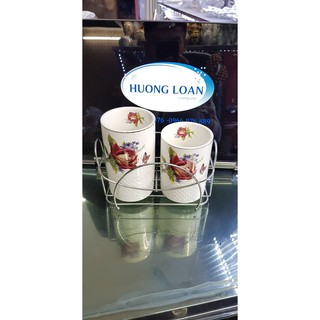 Ống cắm đũa đôi | giỏ cắm đũa sứ 2 ống có thoát nước khung kim loại