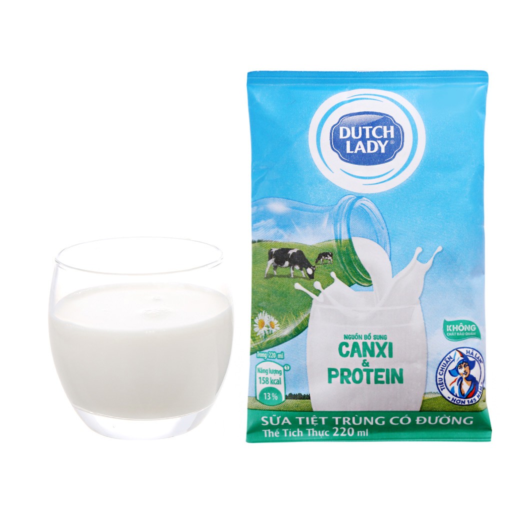 Combo 10 bịch Sữa tiệt trùng có đường Cô Gái Hà Lan - Dutch Lady Canxi &amp; Protein 220ml