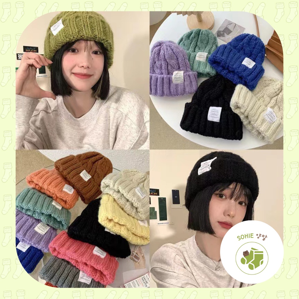 Mũ len unisex màu trơn đính tag nón len nam nữ dệt kim giữ ấm Sohie tặng kèm hộp M4 2