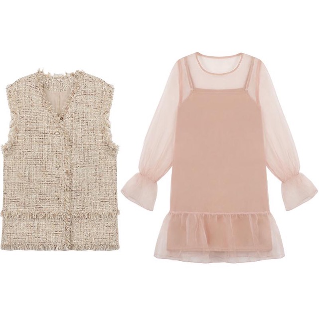 Set váy voan hồng + áo gile dạ
