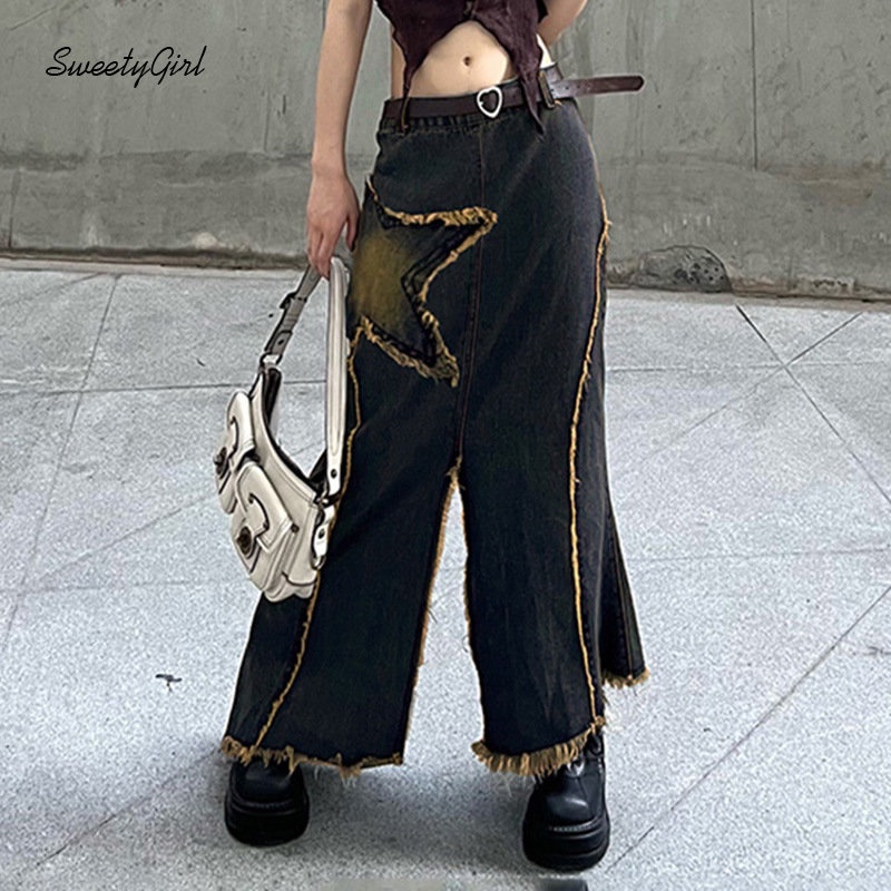 Chân Váy Maxi Denim Lưng Thấp Phối Màu Tương Phản Thời Trang 2022 Cho Nữ