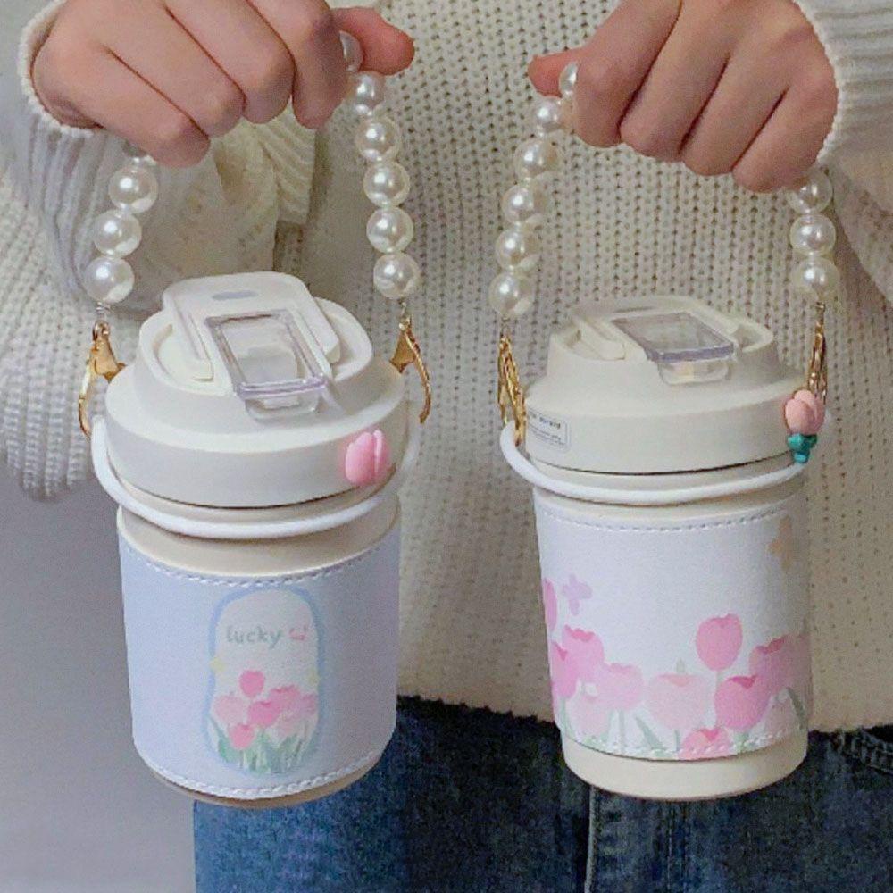 Bình Nước Giữ Nhiệt 450ml Có Ống Hút Hình Hoa Tulip