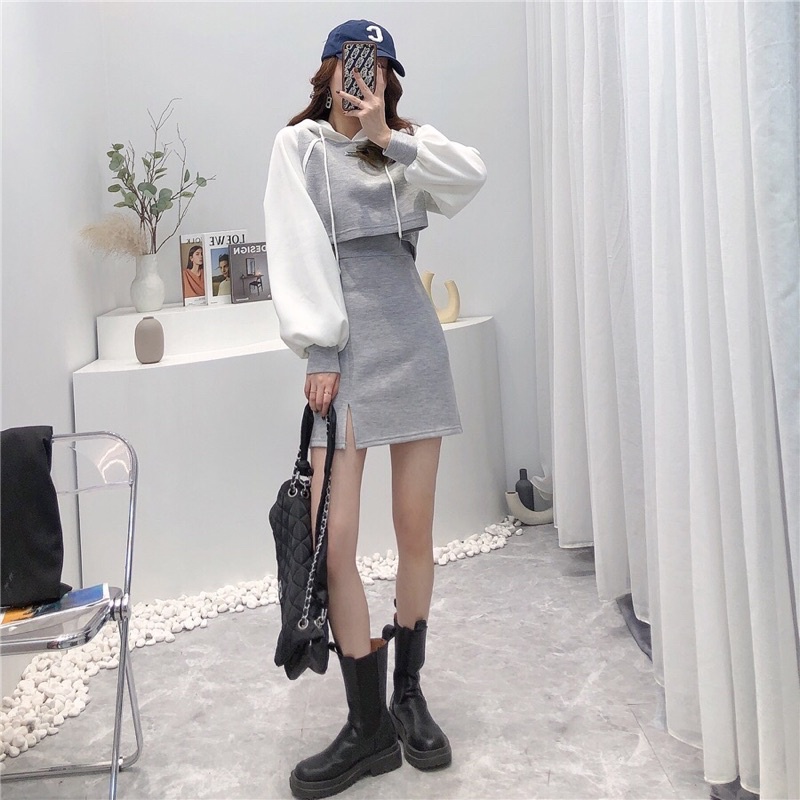 Set nỉ thể thao nữ dài tay, áo croptop kèm váy 2s hàng order