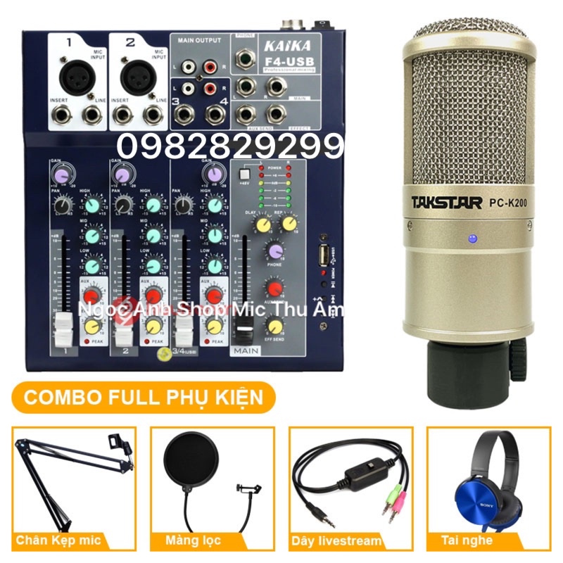 BỘ Combo Mic THU ÂM hát karaoke online micro TASTARK PC-K200 BÀN TRỘN ÂM THANH MIXER YAMAHA F4 USB