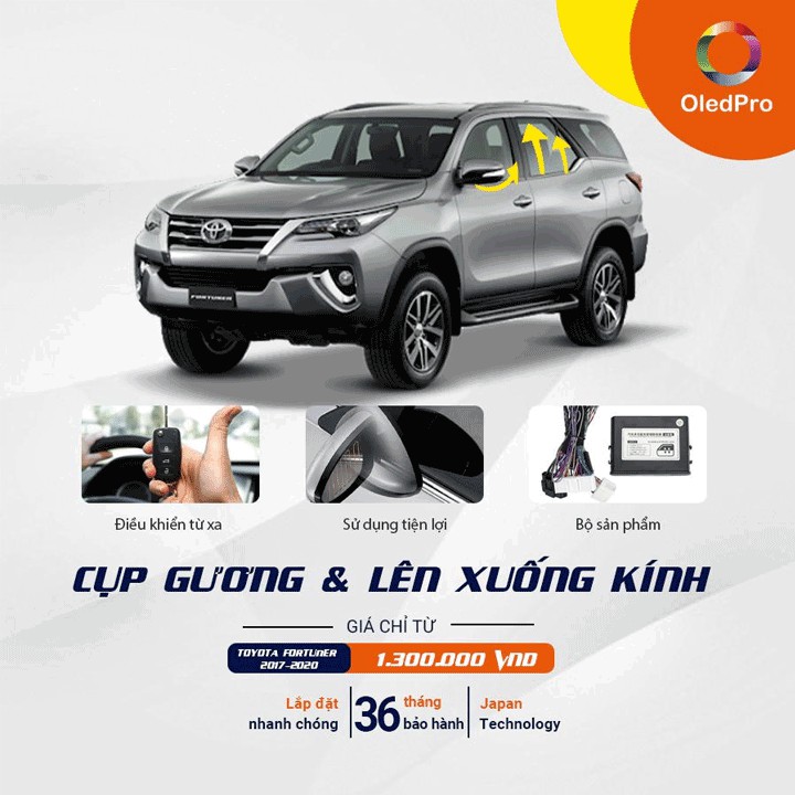 Bộ gập gương lên kính cho xe Toyota Fortuner 2017-2020 máy dầu (chưa có công tắc auto 4 cánh) chính hãng OLEDPRO