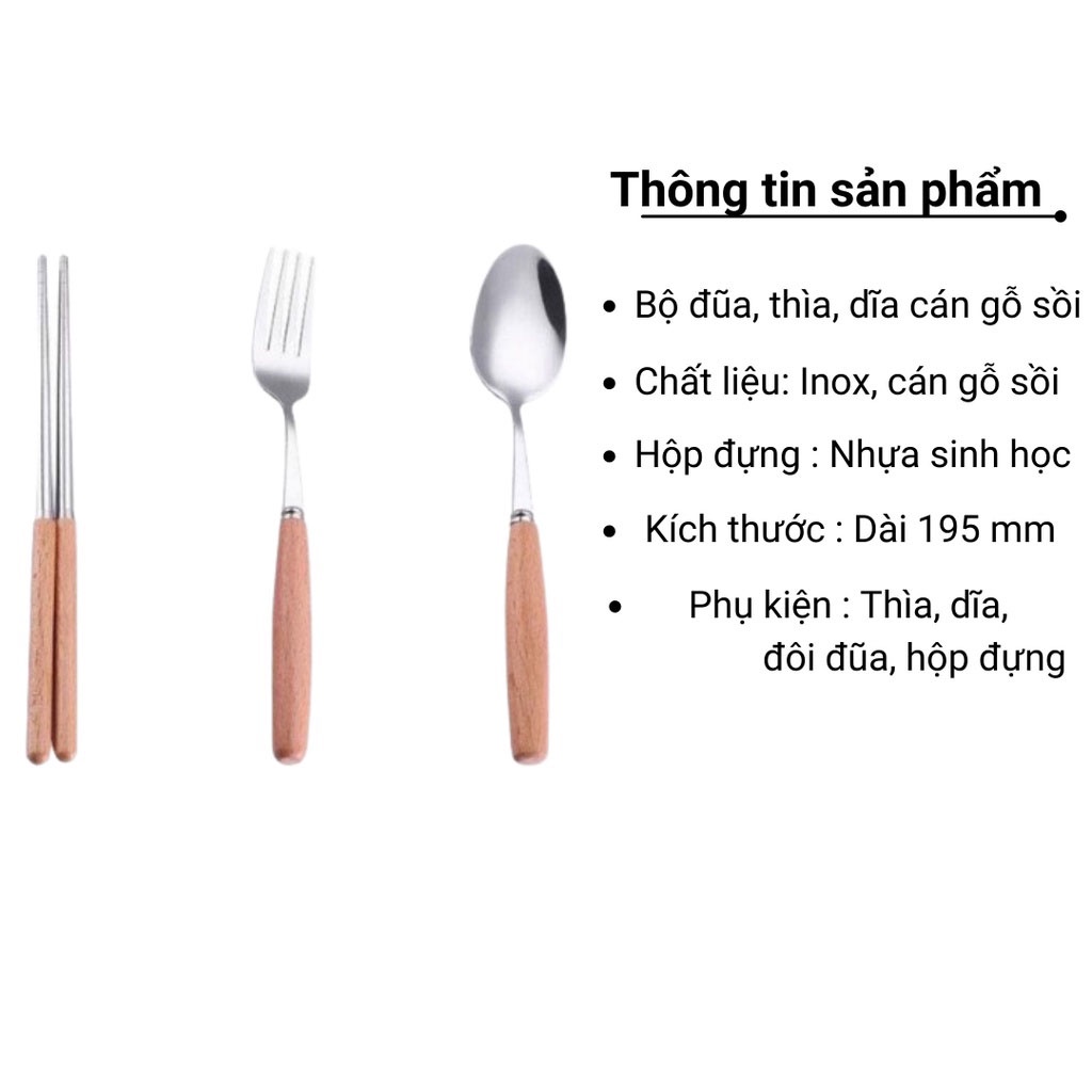 Bộ thìa đũa dĩa inox cán gỗ sồi, có hộp đựng bằng nhựa sinh học dùng cho văn phòng ,cá nhân, gia đình tiện dụng