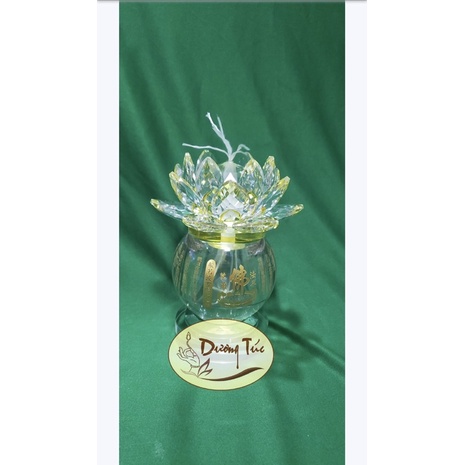 Đèn Dầu Lưu Ly Hoa Sen Pha Lê Khắc Kinh Chú Đại Bi (Đặc Biệt: Gió Quạt Thổi Đèn Không Tắt)