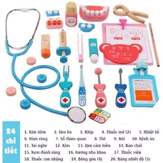 Bộ ĐỒ CHƠI bé tập làm BÁC SĨ nha khoa bằng gỗ an toàn- ống nghe kim loại như thật