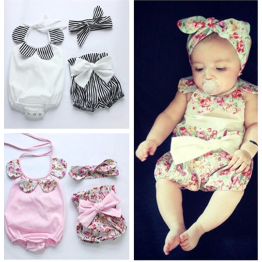 Set 3 món bodysuit+quần+ băng đô bé gái sang chảnh
