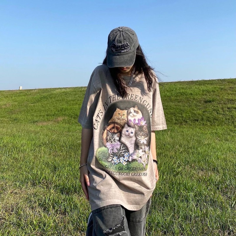 Áo thun tay lỡ form oversize in hình meow meow chất cotton mịn đẹp - Kitten TEE