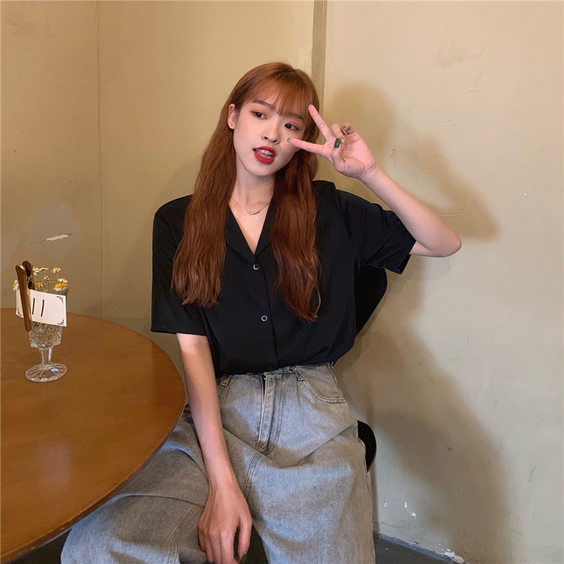 Áo sơ mi nữ tay ngắn màu đen - taobao có sẵn