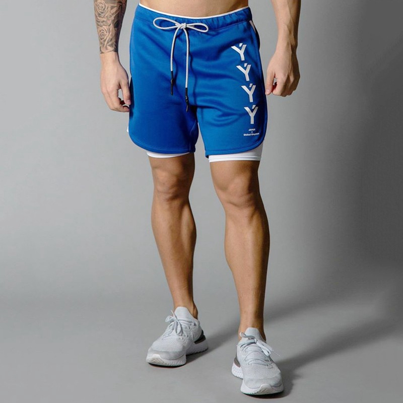 2 in1 Double-layer Fitness Running Sweat Shorts 2 in1 New Mens Stretch Quick-drying Breathable Shorts Sports Bottom Plus Size Short Pants Training Sports Wear
