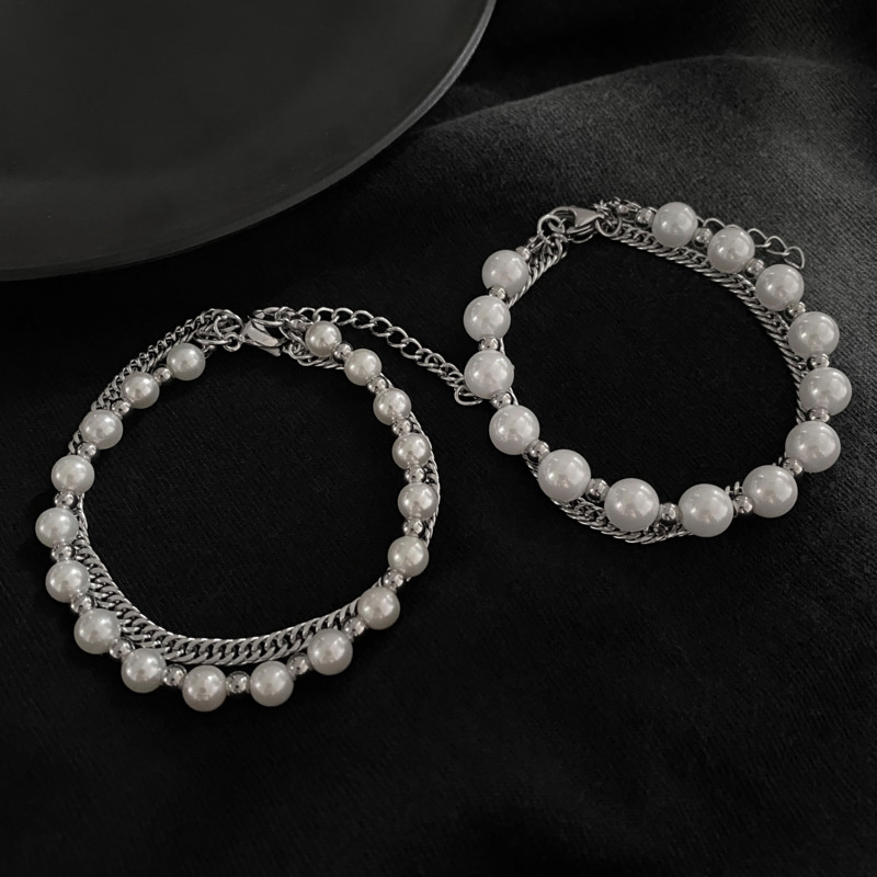 Vòng Tay Hai Lớp Đính Hạt Ngọc Trai Phong Cách Hip Hop