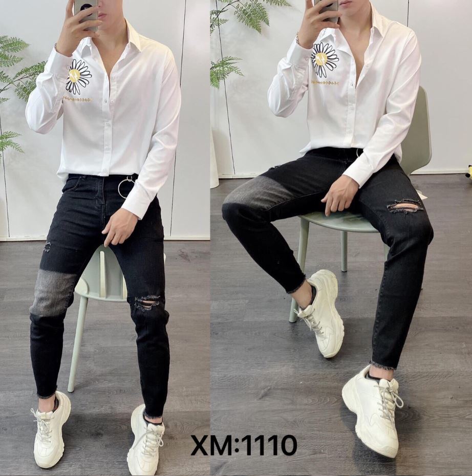 Quần jean nam ống tua phối rách gối thời trang cao cấp hàng shop