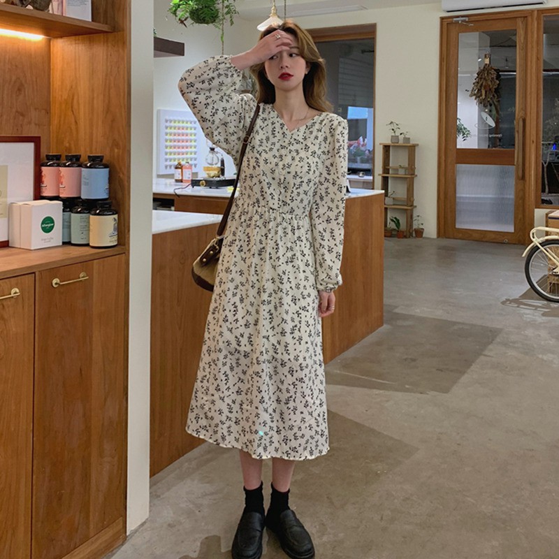 Váy babydoll dáng dài đầm hoa nhí trắng đen hàn quốc dài tay vintage tiểu thư đẹp kozoda D9 | BigBuy360 - bigbuy360.vn