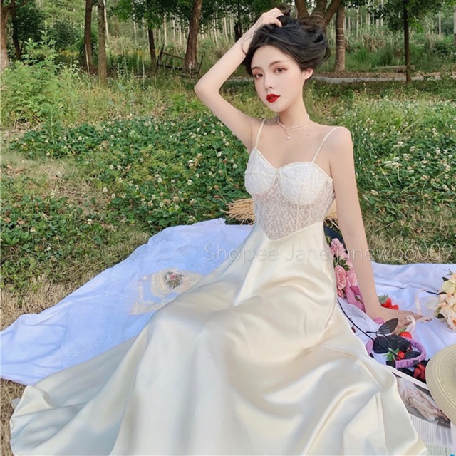 JANE Đầm dự tiệc sang trọng hai dây ren xoè quyến rũ Vintage + áo khoác ren hoa quý phái J0273