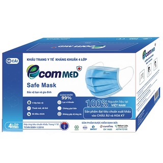 Hộp Ecommed Safe Mask Khẩu Trang Y Tế 4 Lớp Màu Xanh 50 Cái