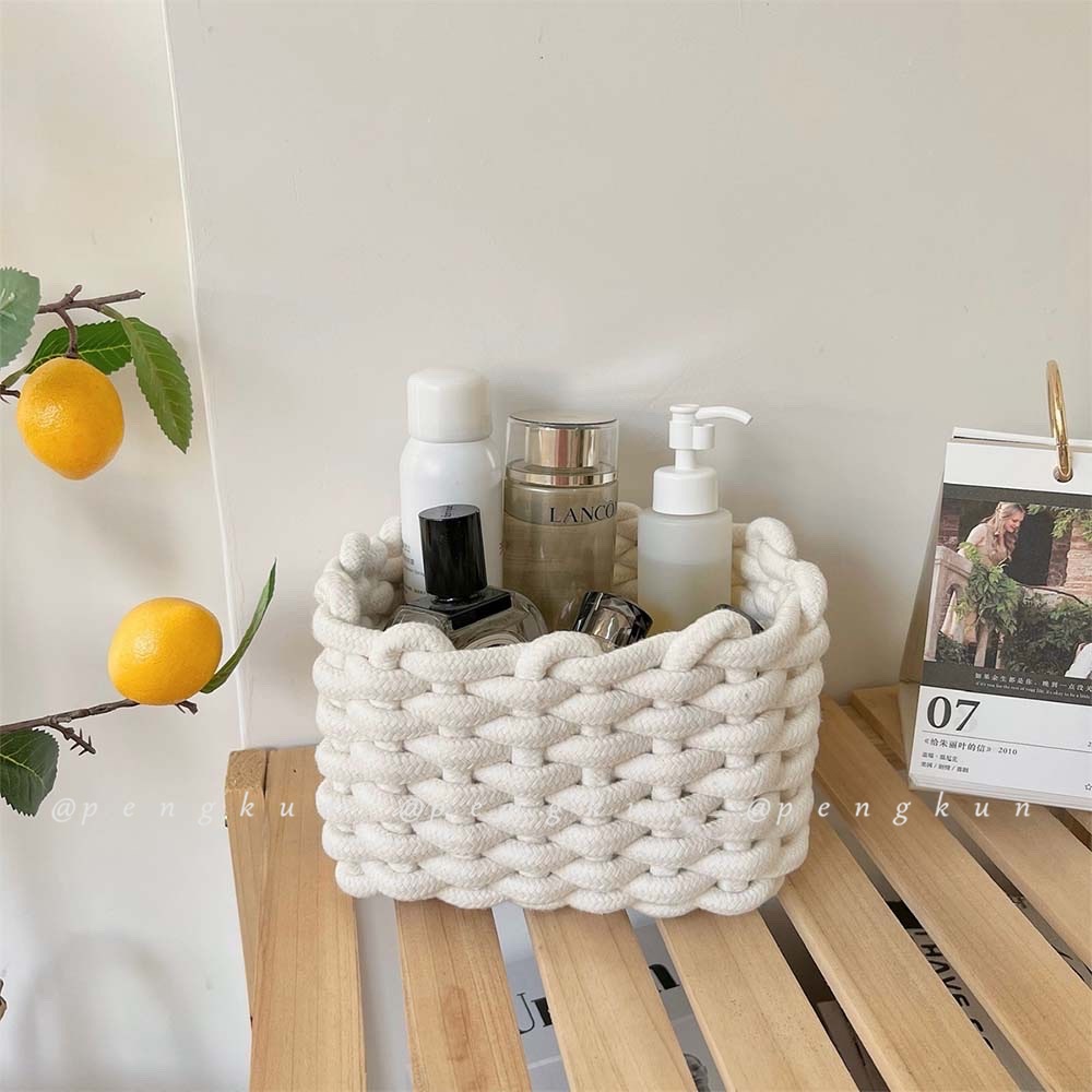 Giỏ Đựng Đồ Bằng Vải Cotton Dệt Tay Màu Trắng Đơn Giản Tinh Tế