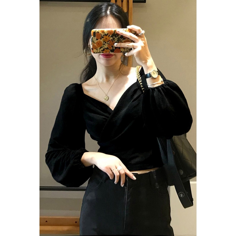 SUXI Áo kiểu cổ tim tay phồng phong cách Hàn Quốc thanh lịch dành cho nữ