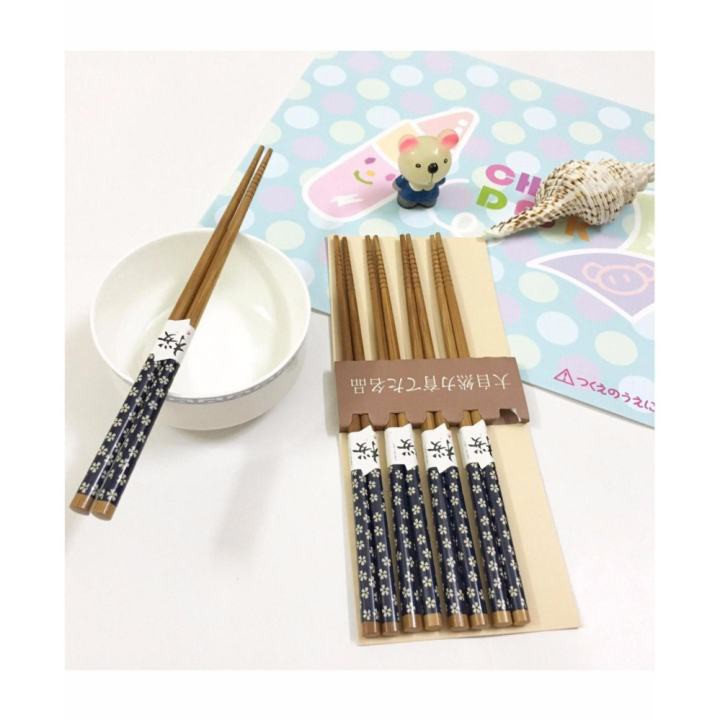Bộ 5 đũa tre mẫu hoa xanh Nhật Bản, đũa ăn sushi, đũa nhật
