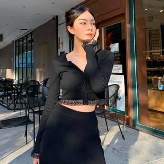 [Rẻ vô địch] Áo thun tay dài form crop ôm viền ren