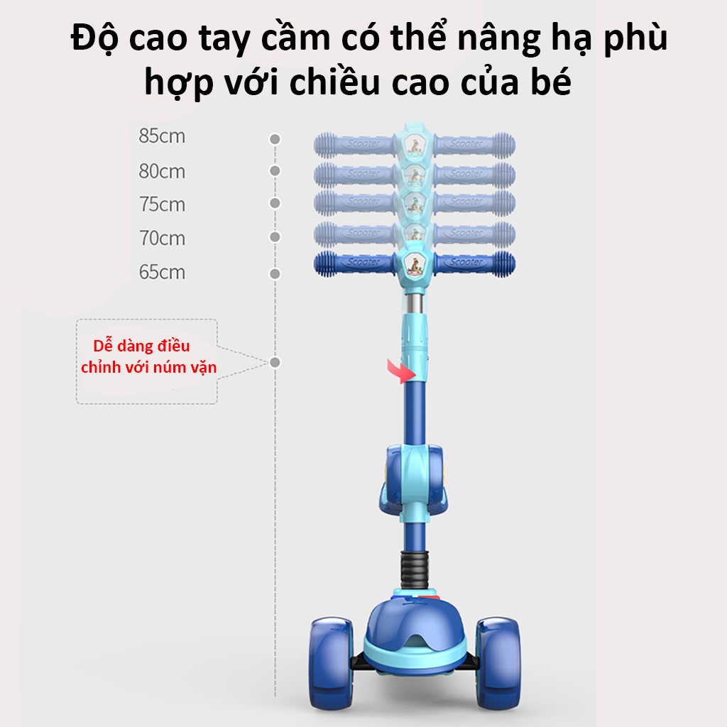 Xe scooter cho bé có phát nhạc, chịu tải 60Kg, 3 bánh to phát sáng vĩnh cửu - Scooter cao cấp Phoenix | BH 12 Tháng