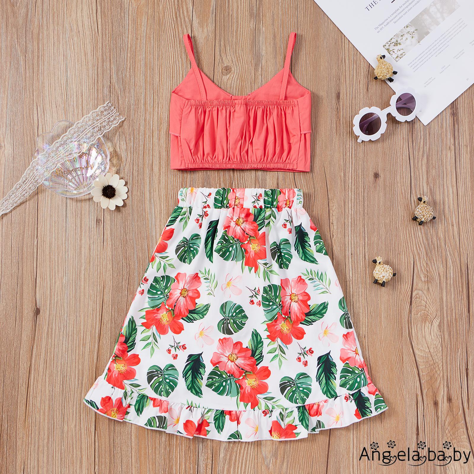 HIAN-Girl’s Summer Two Piece Set Fashion Solid Color Button Camisole and Flower Bandage Mid-length Skirt