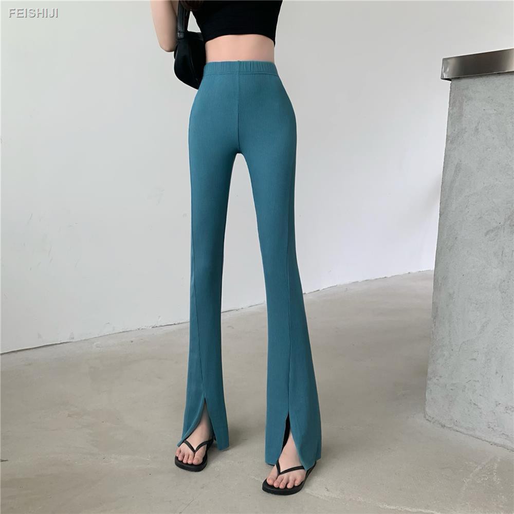 ◑2021 summer new style fashion all-match high waist drape front slit micro flared thin wide-leg trousers women s trend