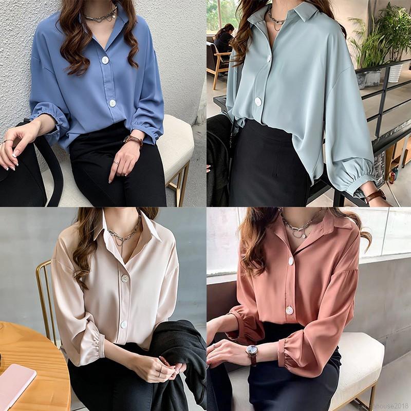 FREESHIP ĐƠN 99K_ Women Blouse Áo chiffon dáng rộng màu trơn tay dài phong cách Hàn Quốc