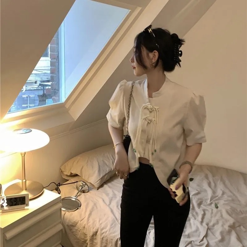 Áo Sơ Mi Ngắn Tay Đính Nút Phong Cách Trung Hoa Mẫu Mới Thời Trang Xuân Hè Cho Nữ 2022