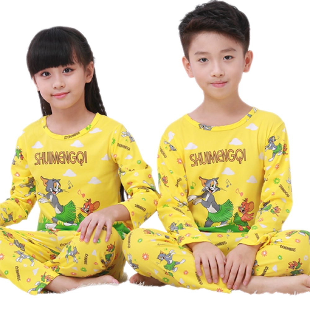 Bộ đồ ngủ tay dài cổ tròn vải cotton pha in họa tiết động vật dễ thương cho trẻ em (có bán lẻ)
