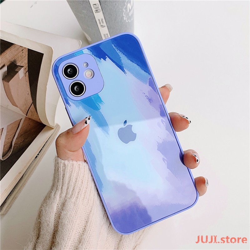 Original New Liquid Silicone Tempered Glass Watercolor iPhone 12 11 Pro Max X XS 7 8 Plus Max Official Phone Case All-inclusive Lens Protection 9H Hard Anti-drop Back Cover