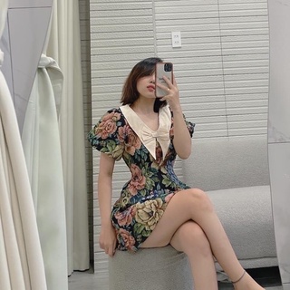 Đầm hoa tay phồng chất gấm