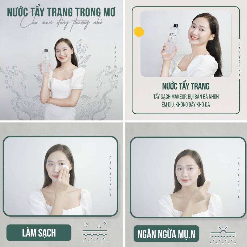 Nước tẩy trang Caryophy dành cho da dầu da khô da mụn nhạy cảm không cồn 60ml