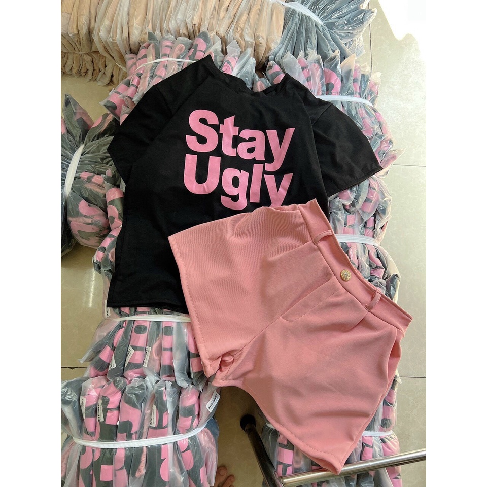 ( MIỄN PHÍ SHIP 2022) Set bộ nữ stay ugly màu hồng dễ thương, set bộ mặc đi chơi,ở nhà chất thun, quần nhung tăm dày dặn