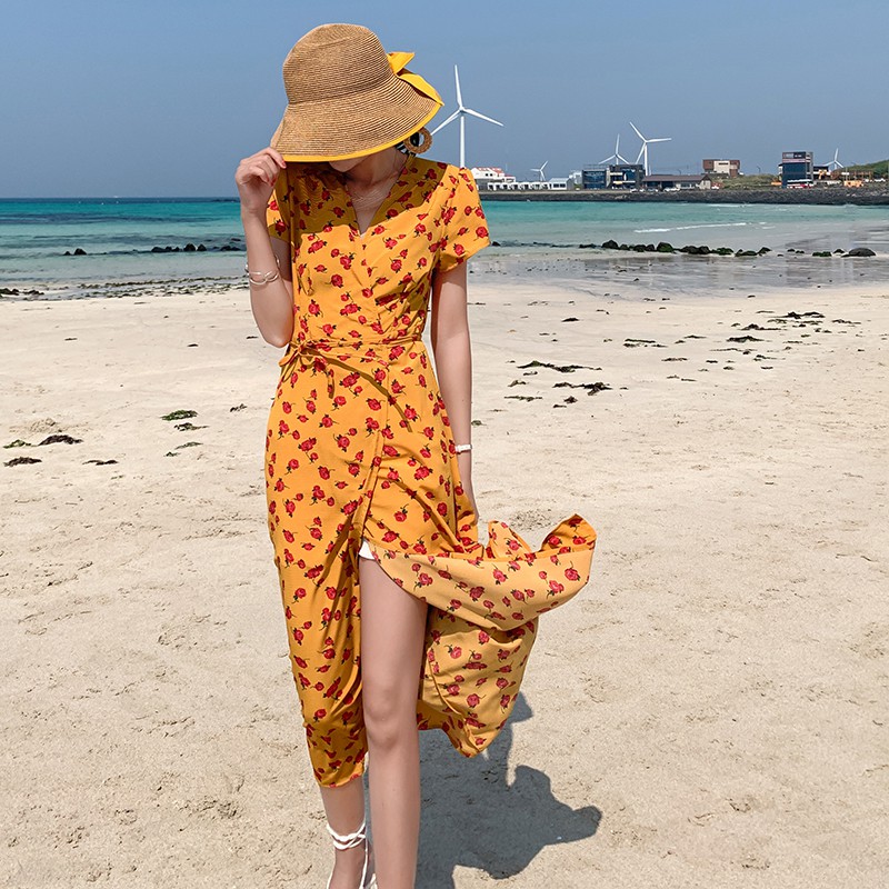 (ORDER) Váy hoa vàng cam xòe dài cổ V thắt eo kiểu Pháp vintage Style đi biển mùa hè 2020