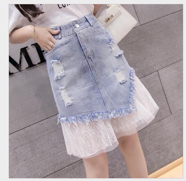 Chân váy jeans mix ren