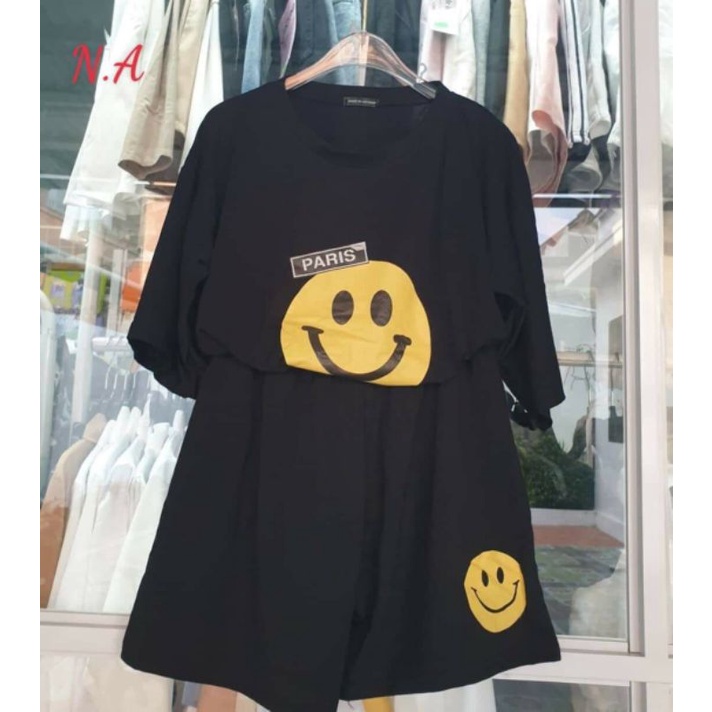 Set Quần Short Mặt Cười Nam Nữ [FREESHIP]  Bộ đồ culottes phông form rộng tay lỡ học sinh Ulzzang  Mặc nhà; đi chơi hè