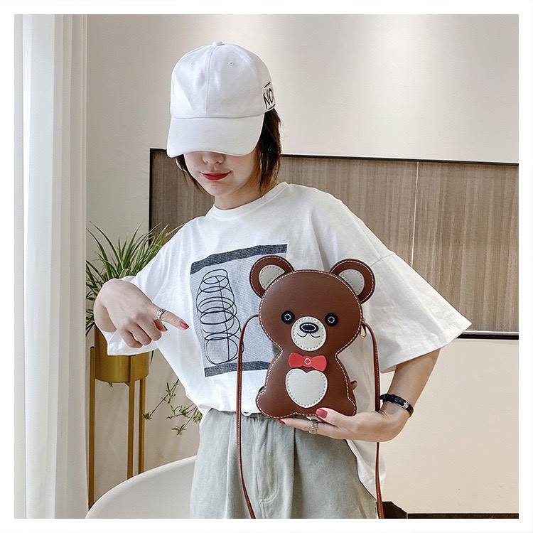 Túi Tự Làm Hình Gấu Đeo Nơ Đỏ Siêu Cute, Set Nguyên Liệu Handmade Hoạt Hình Khâu Tay Da Pu Dễ Thương - EB47