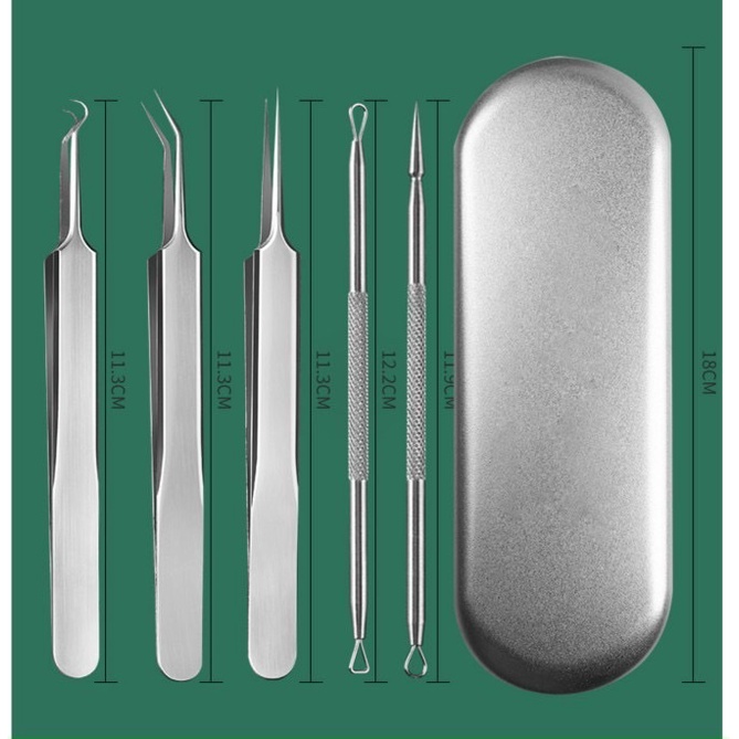 Bộ lấy mụn 5 chi tiết chuyên dụng, 3 nhíp gắp và 2 que nặn
