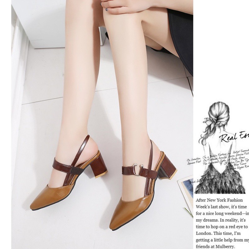 Giày cao gót vuông 7p bít mũi quai ngang nâu khóa gài bác sĩ