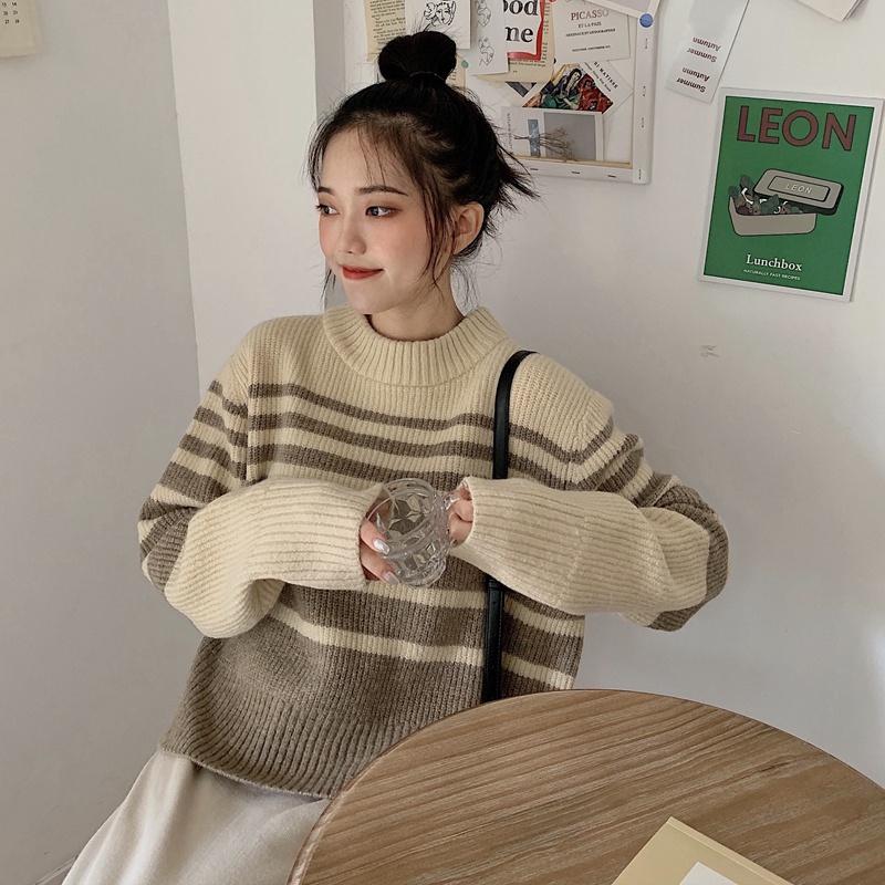 Áo sweater tay dài dáng rộng kẻ sọc phong cách Hàn Quốc trẻ trung