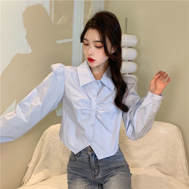 Áo sơ mi trắng IELGY tay dài dáng ngắn thời trang kiểu Pháp cho nữ