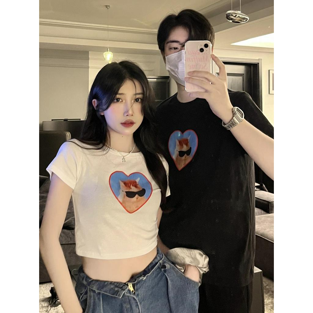 Áo Thun Dáng Dài Ngắn Tay In Hình Mèo Đáng Yêu 63401