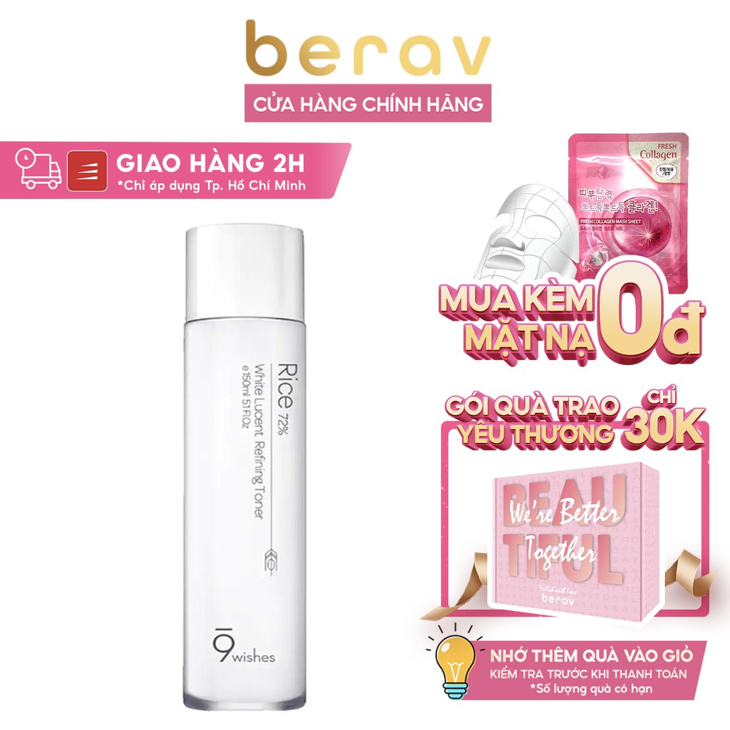 Nước Hoa Hồng Dưỡng Ẩm, Cân Bằng và Dưỡng Trắng Da 9Wishes Rice 72% White Lucent Refining Toner 150ml