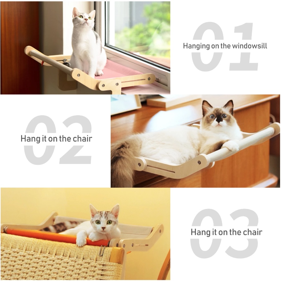 Võng Treo Cửa Sổ Bằng Vải Bạt Phối Gỗ Đàn Hương Dễ Giặt Rửa Cho Mèo Cưng