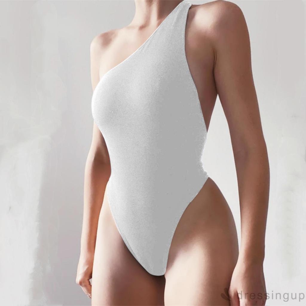 DRESSINGUP-Áo liền quần vai chéo không dây màu trơn dành cho bạn nữ