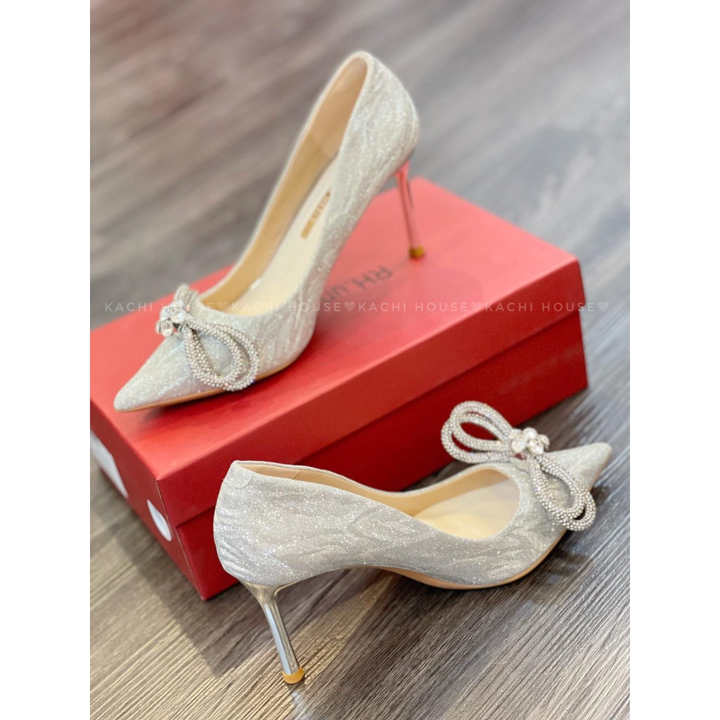 Cao gót nơ cườm đính đá tròn chất ánh nhũ 828-X- Kachi House