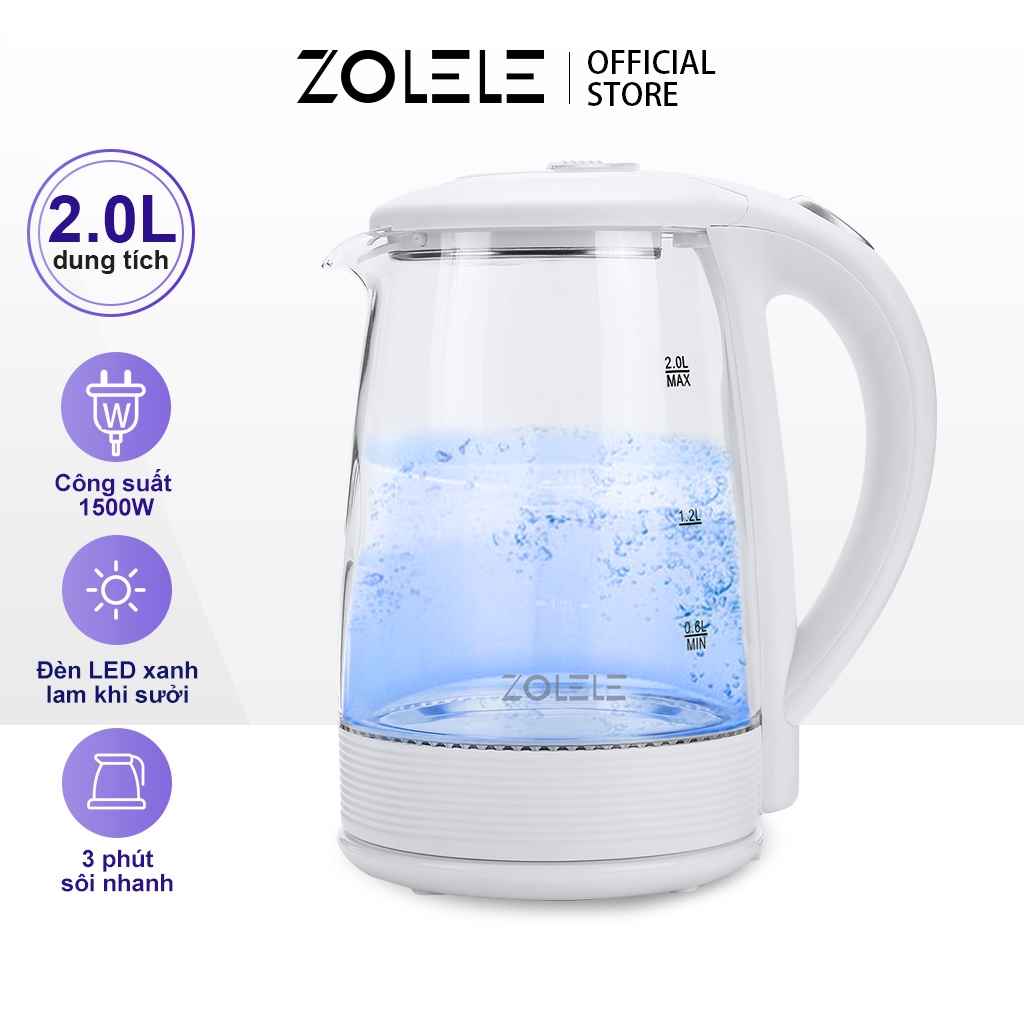 Ấm đun nước siêu tốc thủy tinh zolele ZH101 dung tích lớn 2L-1500W - Hàng chính hãng