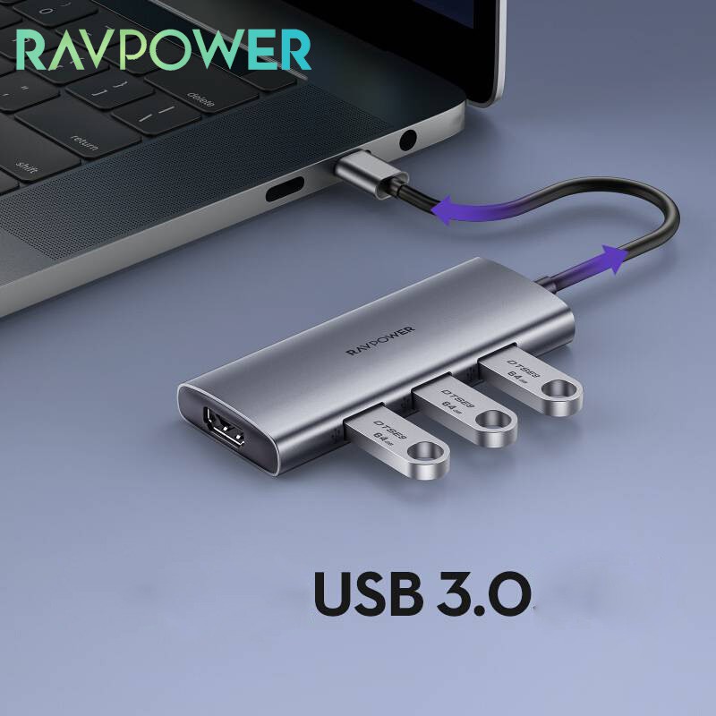 Hub RAVPower Type-C 7 in 1 cho Laptop Macbook Air Pro Mac  (Type-C to HDMI/ USB3.0/ PD 100W) Đầu cáp chuyển